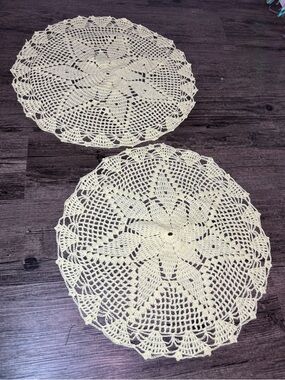 Vintage Handmade Crochet Doilies - Yellow Pair Spring Summer Accents